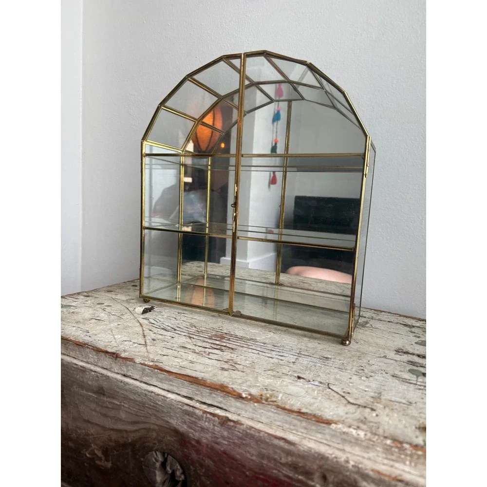 Vintage Franklin Brass Glass Arched Display Case Mirrored Back Curio Cabinet